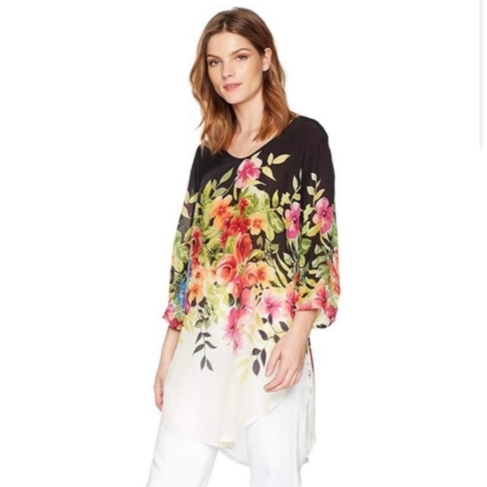 Johnny Was Betty Blouse Floral Tunic Women Medium Multicolour V-Neck 3/4 Sleeve